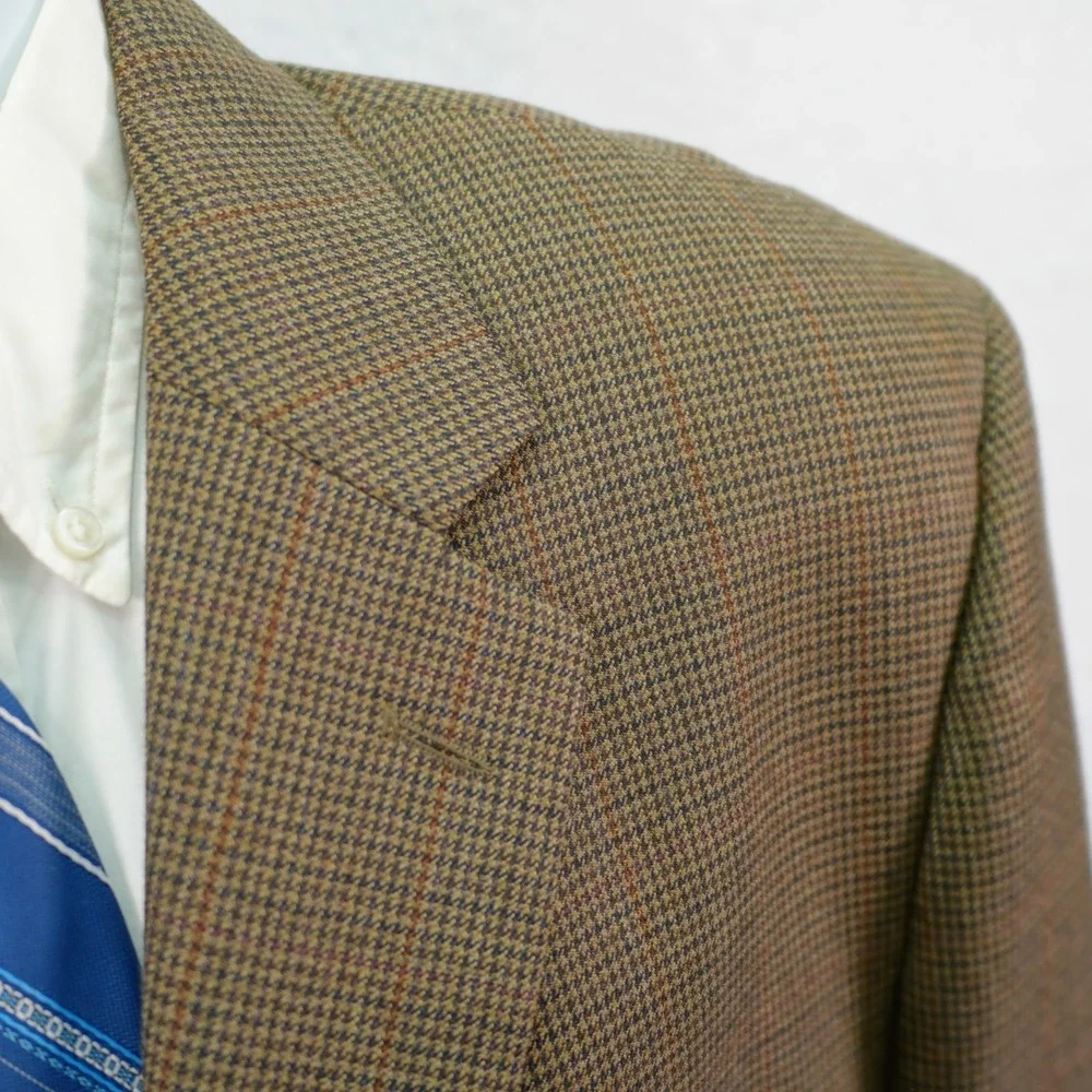 Pronto Uomo Wool Brown Tan Houndstooth W/ Red Orange‎ Winowpane 44R Sport Coat